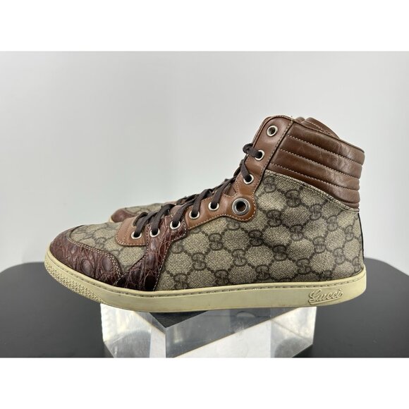 Gucci High Top Crocodile trim Brown Guccisima 10.5/11-USA - Picture 4 of 15